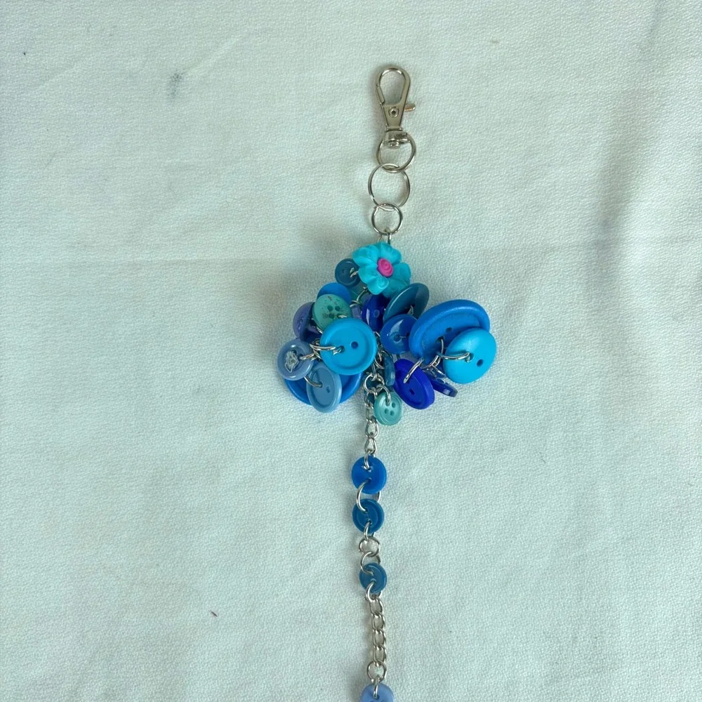 Handmade Blue Button Bag Charm Keychain Boho Eclectic Accessory Turquoise 7.5